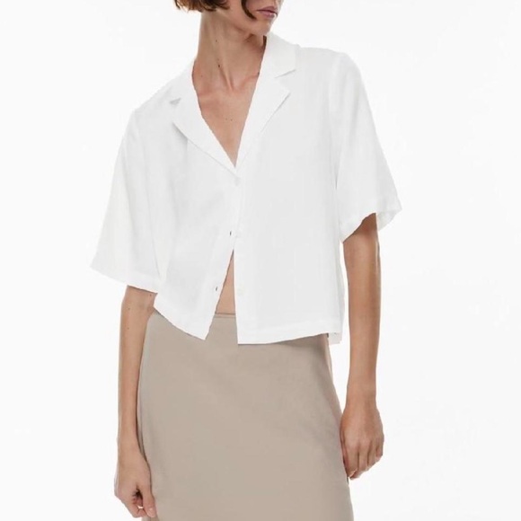 Wilfred Tops - Aritzia Wilfred Free Beso Blouse Light Birch Crepe Satin Blend SS Collared Small
